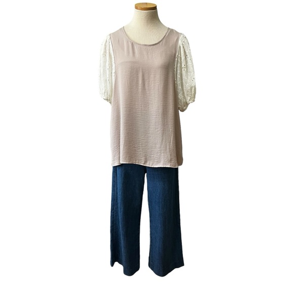 Anthropologie Dolan Embroidered Eyelet Puff Short Sleeve, Tan, size XL - Picture 5 of 13